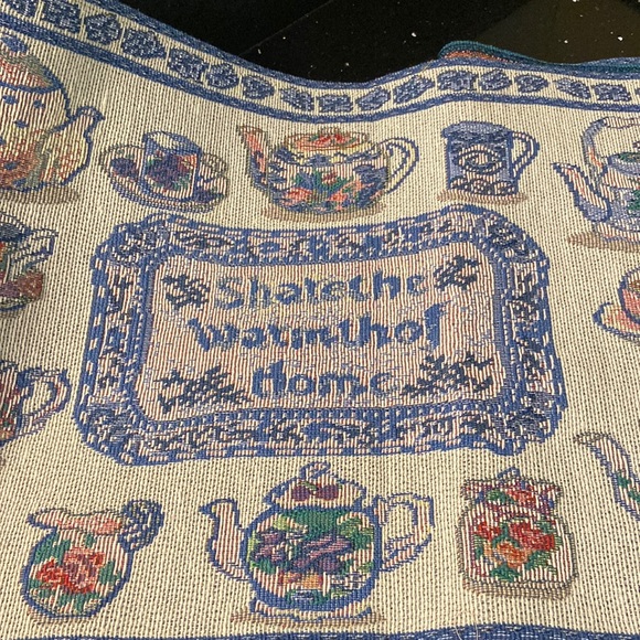Table Runner Blue Teapots Tea Theme "Share the Warmth of Home" Tapestry - Picture 2 of 6